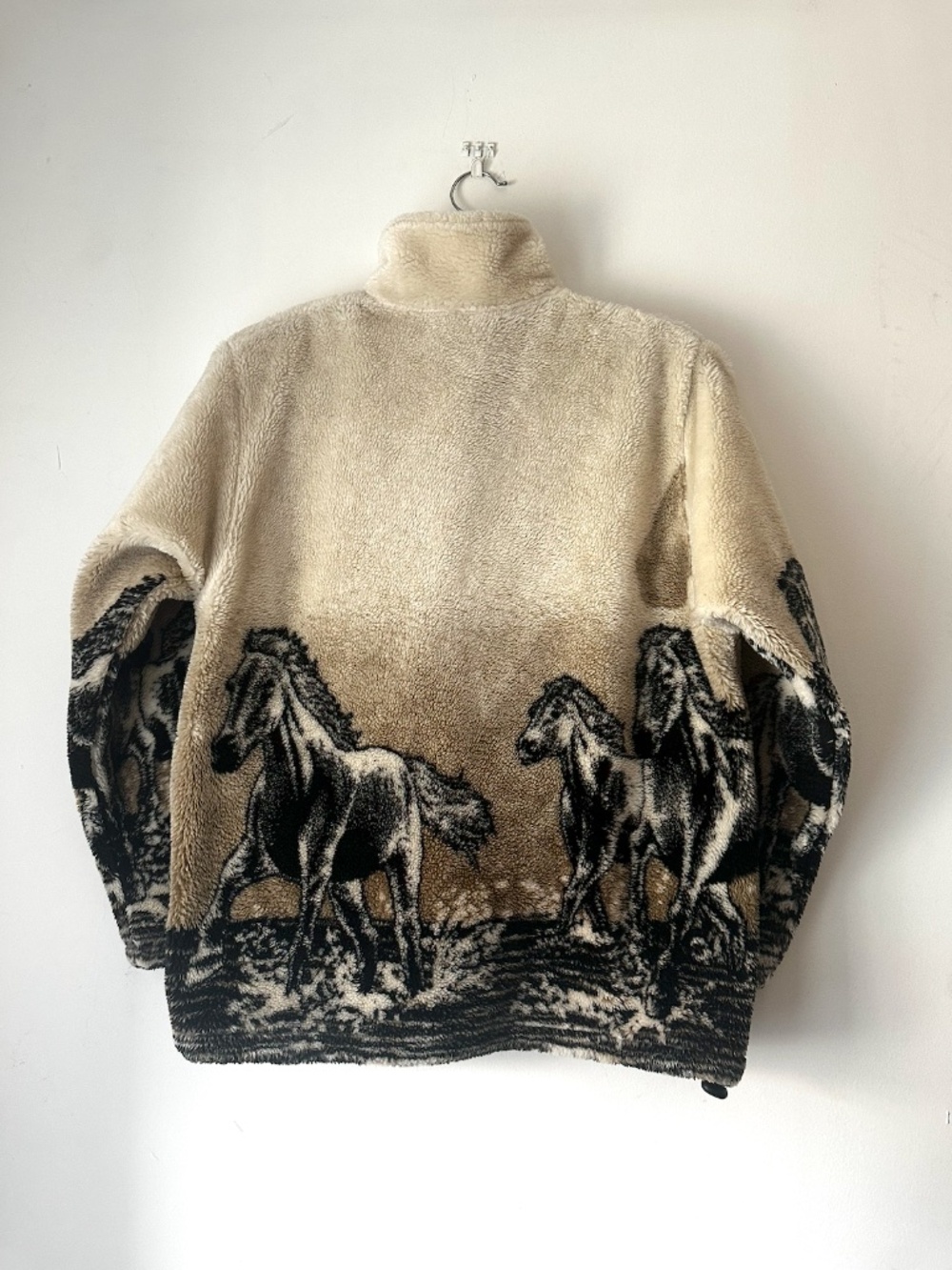 Vintage Horse Print Sherpa Fleece Jacket Western Equestrian Zip Up Cozy